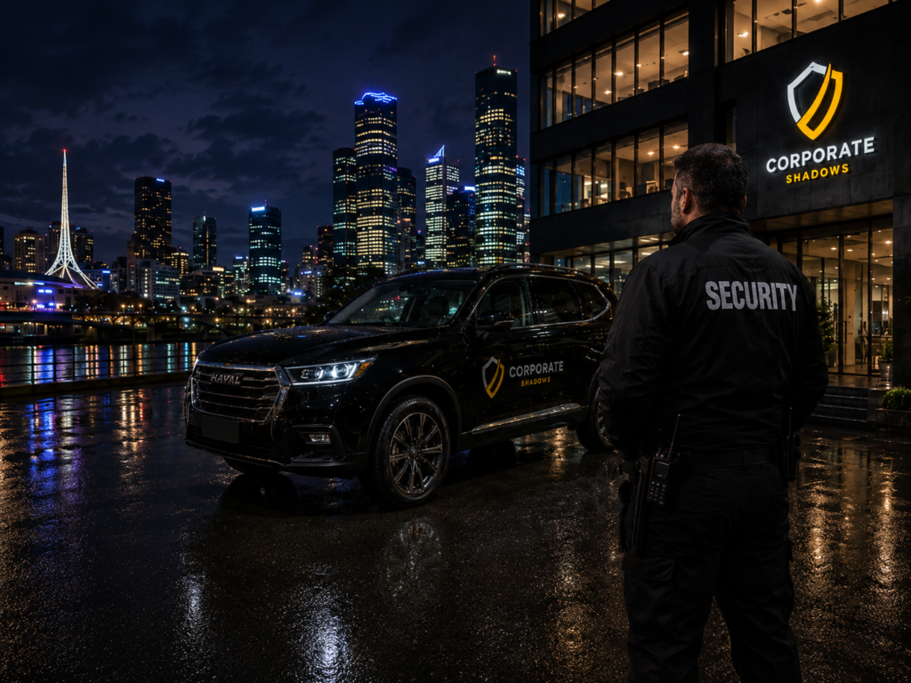 Security guard in a black uniform beside a dark Corporate Shadows SUV outside a glass office building at night, city lights in the background.