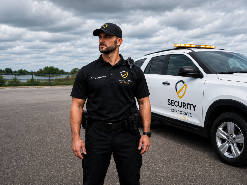 Security guard in a black uniform stands beside a white security SUV with a yellow shield logo and 'Security Corporate' branding.|Note: outdoor parking area with cloudy sky behind]','Male security officer in black polo and cap, with radio, in front of a patrol SUV bearing a shield emblem and 'SECURITY' branding.','Security professional outdoors beside a white patrol vehicle featuring a yellow shield logo and the word SECURITY.','Security guard with a radio on his shoulder stands in front of a branded security SUV in an open lot.','Black-uniform security officer near a white patrol truck with shield logo and bold SECURITY lettering.