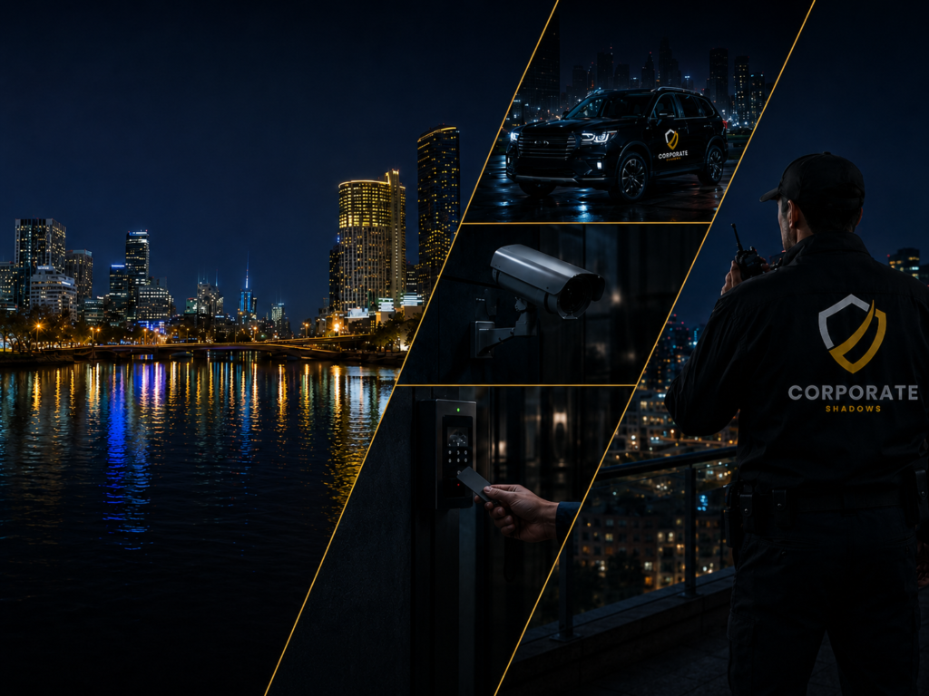 Nighttime city skyline with a security services collage: CCTV camera, access keypad, and a guard in Corporate Shadows gear.